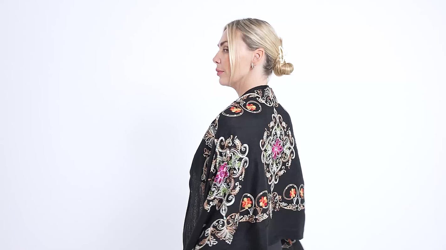 Tamsy Black Soft Embroidered Flower Tassels Scarf
