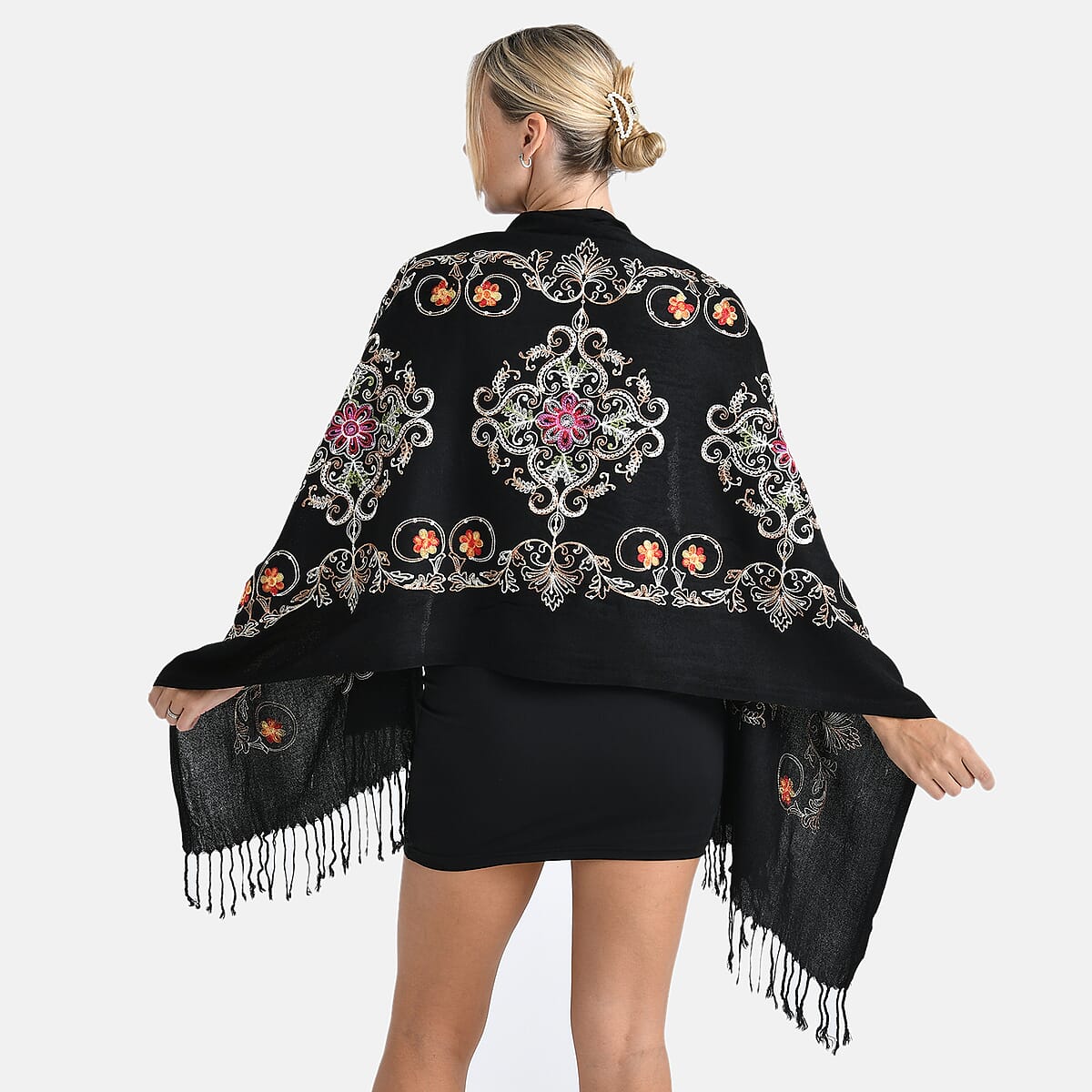 TAMSY Black Baroque Embroidered Scarf with Tassels image number 1