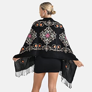 TAMSY Black Baroque Embroidered Scarf with Tassels
