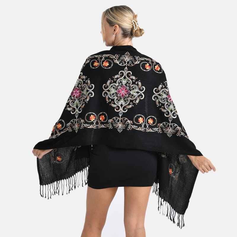 TAMSY Black Baroque Embroidered Scarf with Tassels