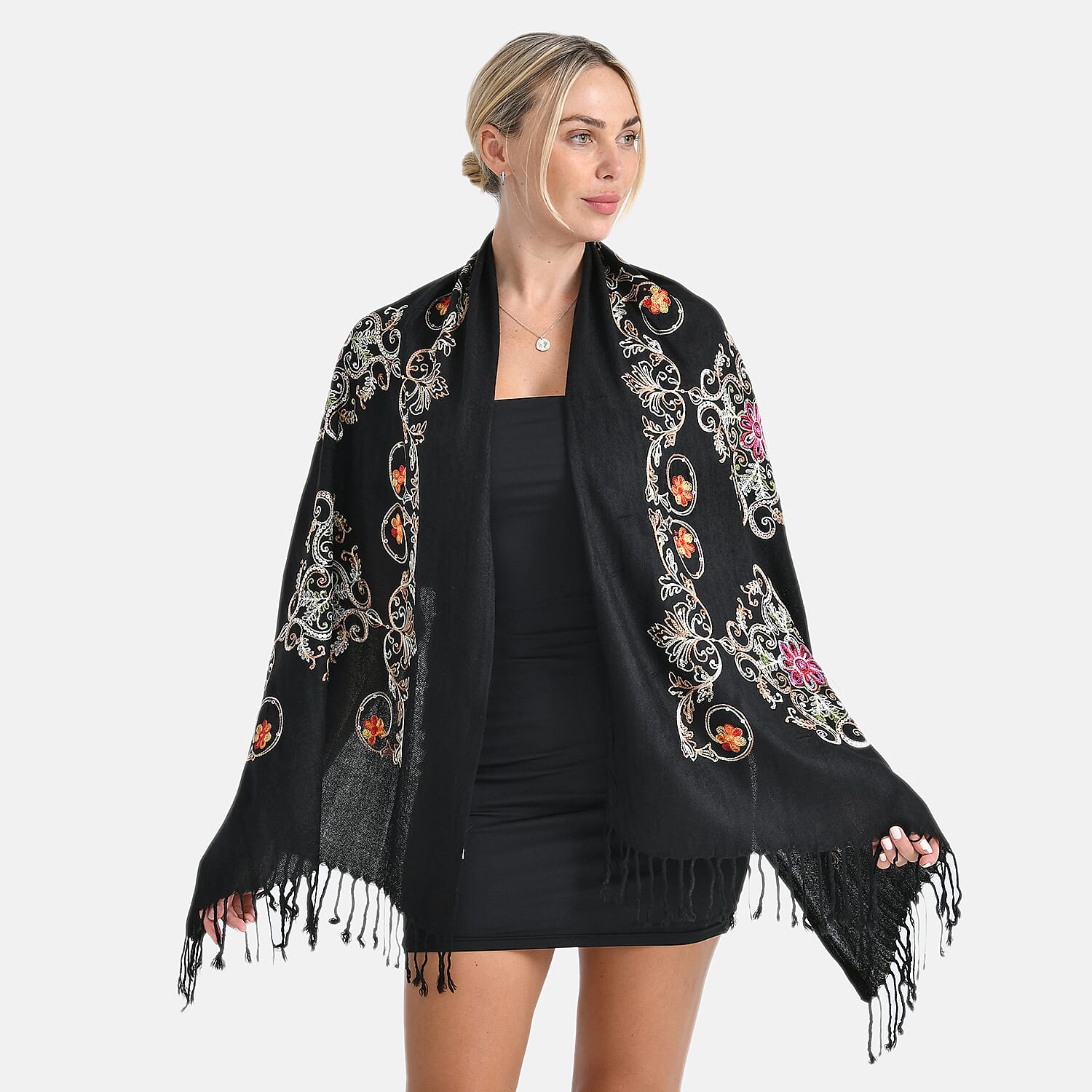 TAMSY Black Baroque Embroidered Scarf with Tassels