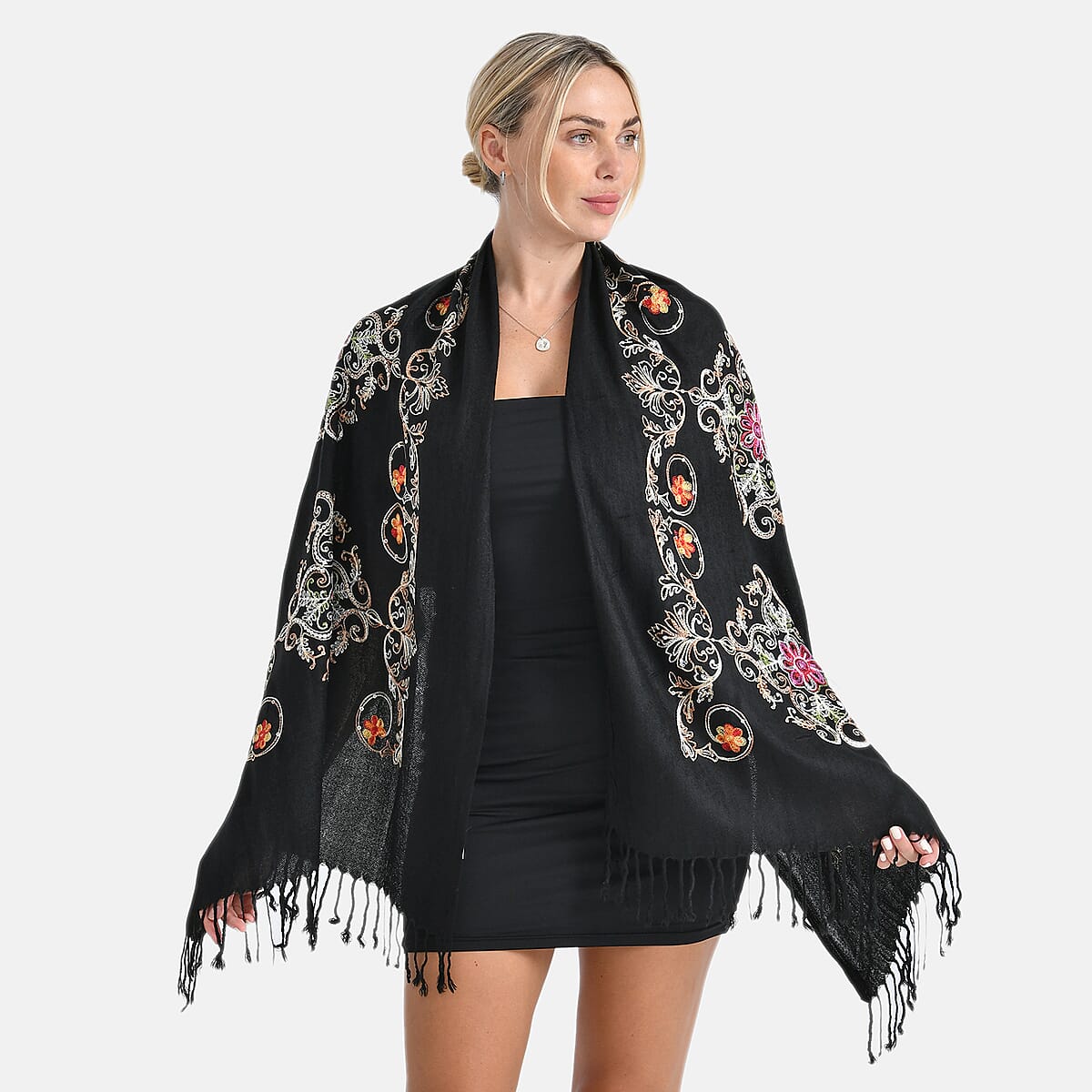 TAMSY Black Baroque Embroidered Scarf with Tassels image number 2