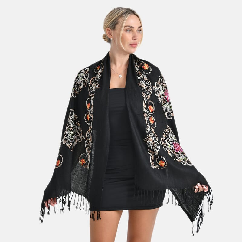 TAMSY Black Baroque Embroidered Scarf with Tassels