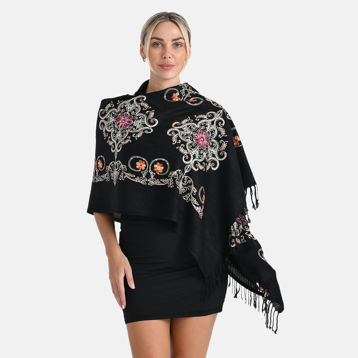 TAMSY Black Baroque Embroidered Scarf with Tassels image number 3