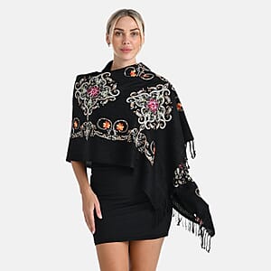 TAMSY Black Baroque Embroidered Scarf with Tassels