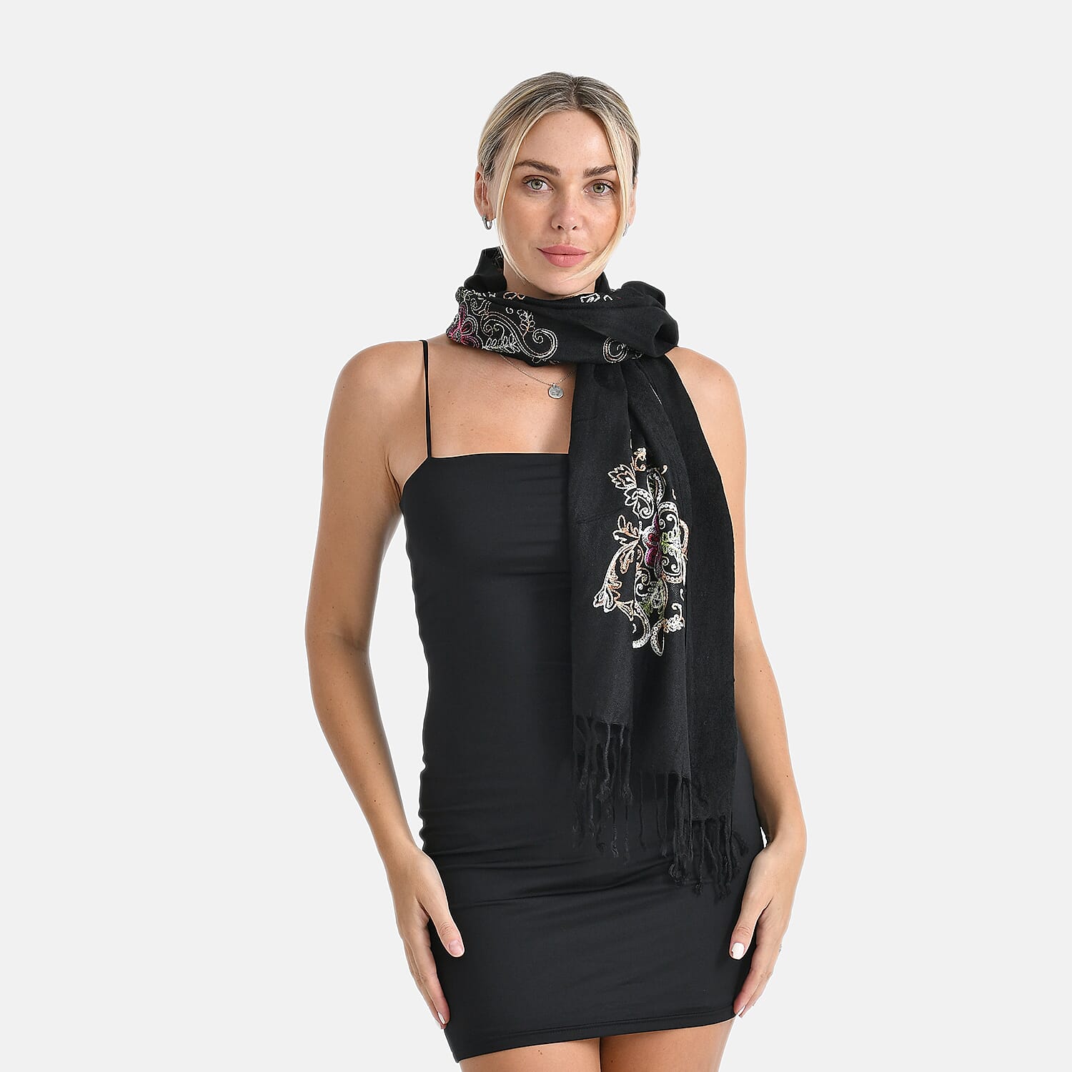 TAMSY Black Baroque Embroidered Scarf with Tassels