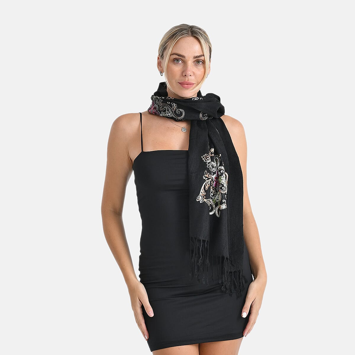 TAMSY Black Baroque Embroidered Scarf with Tassels image number 4