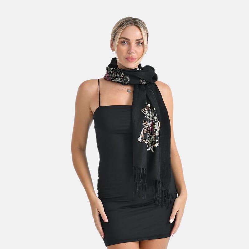 TAMSY Black Baroque Embroidered Scarf with Tassels