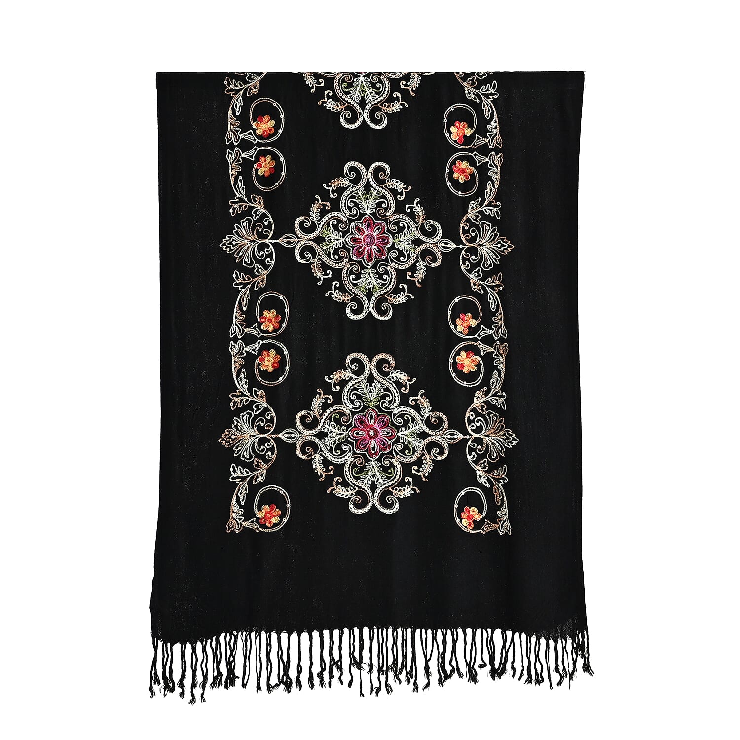 TAMSY Black Baroque Embroidered Scarf with Tassels