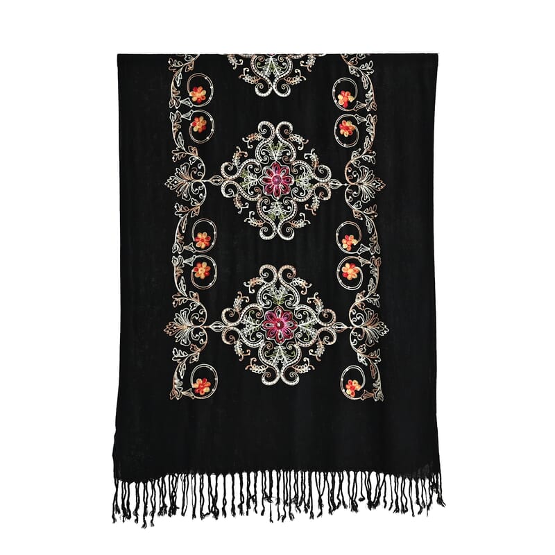TAMSY Black Baroque Embroidered Scarf with Tassels
