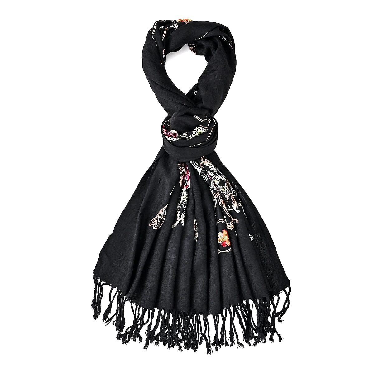 TAMSY Black Baroque Embroidered Scarf with Tassels image number 6