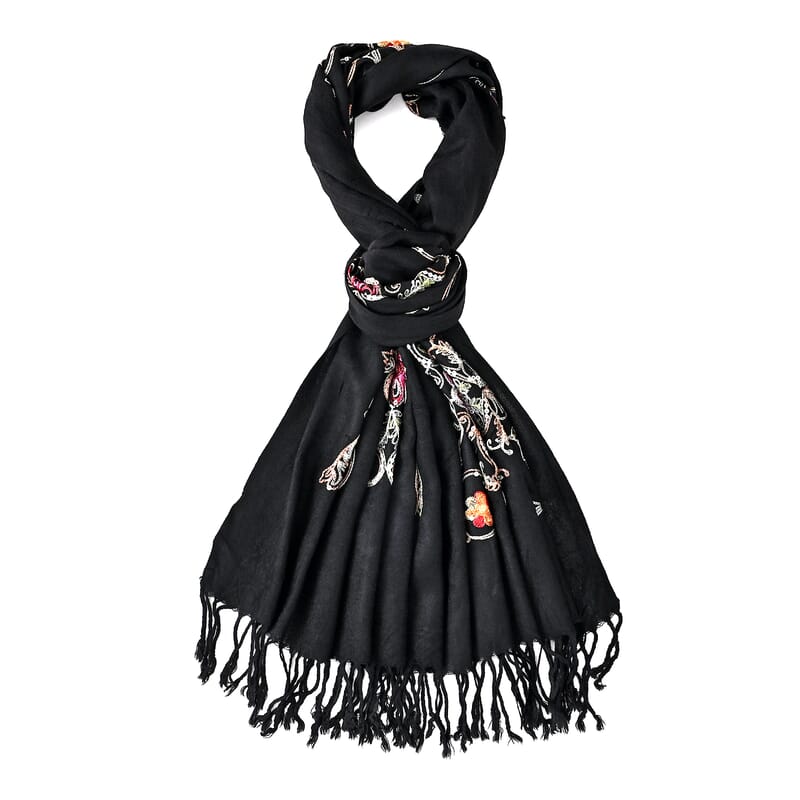 TAMSY Black Baroque Embroidered Scarf with Tassels