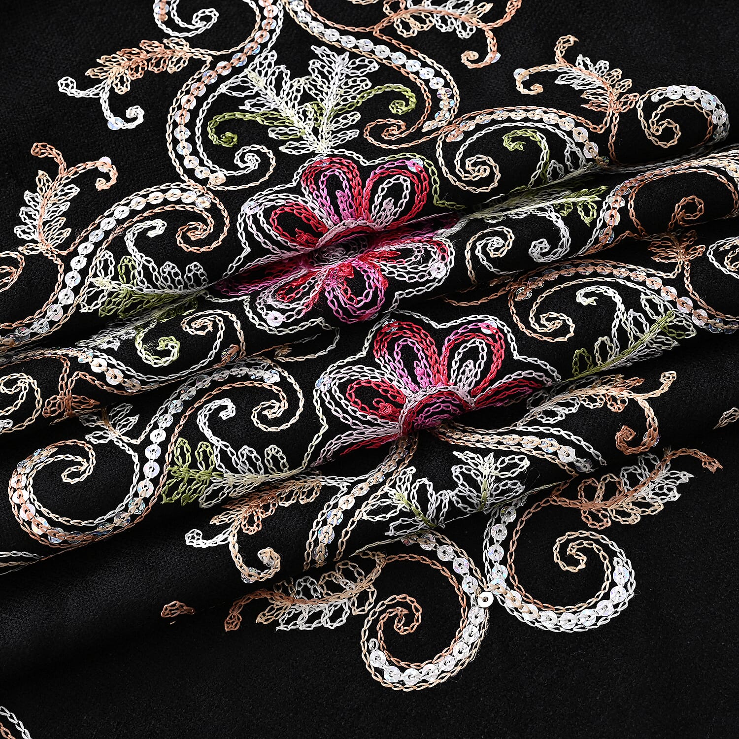 TAMSY Black Baroque Embroidered Scarf with Tassels