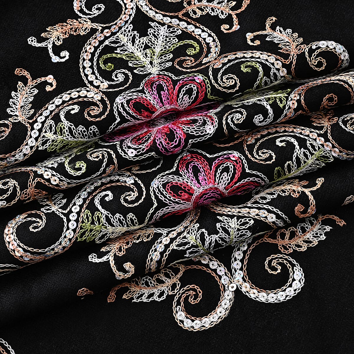 TAMSY Black Baroque Embroidered Scarf with Tassels image number 7