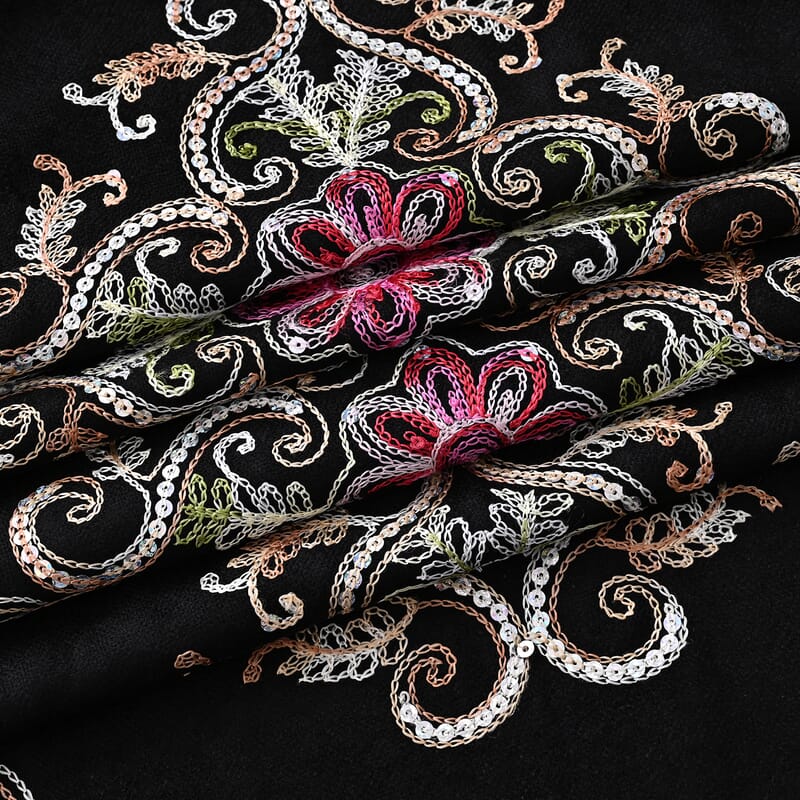 TAMSY Black Baroque Embroidered Scarf with Tassels