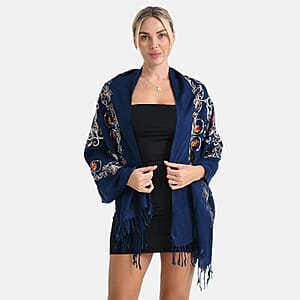 TAMSY Navy Baroque Embroidered Scarf with Tassels