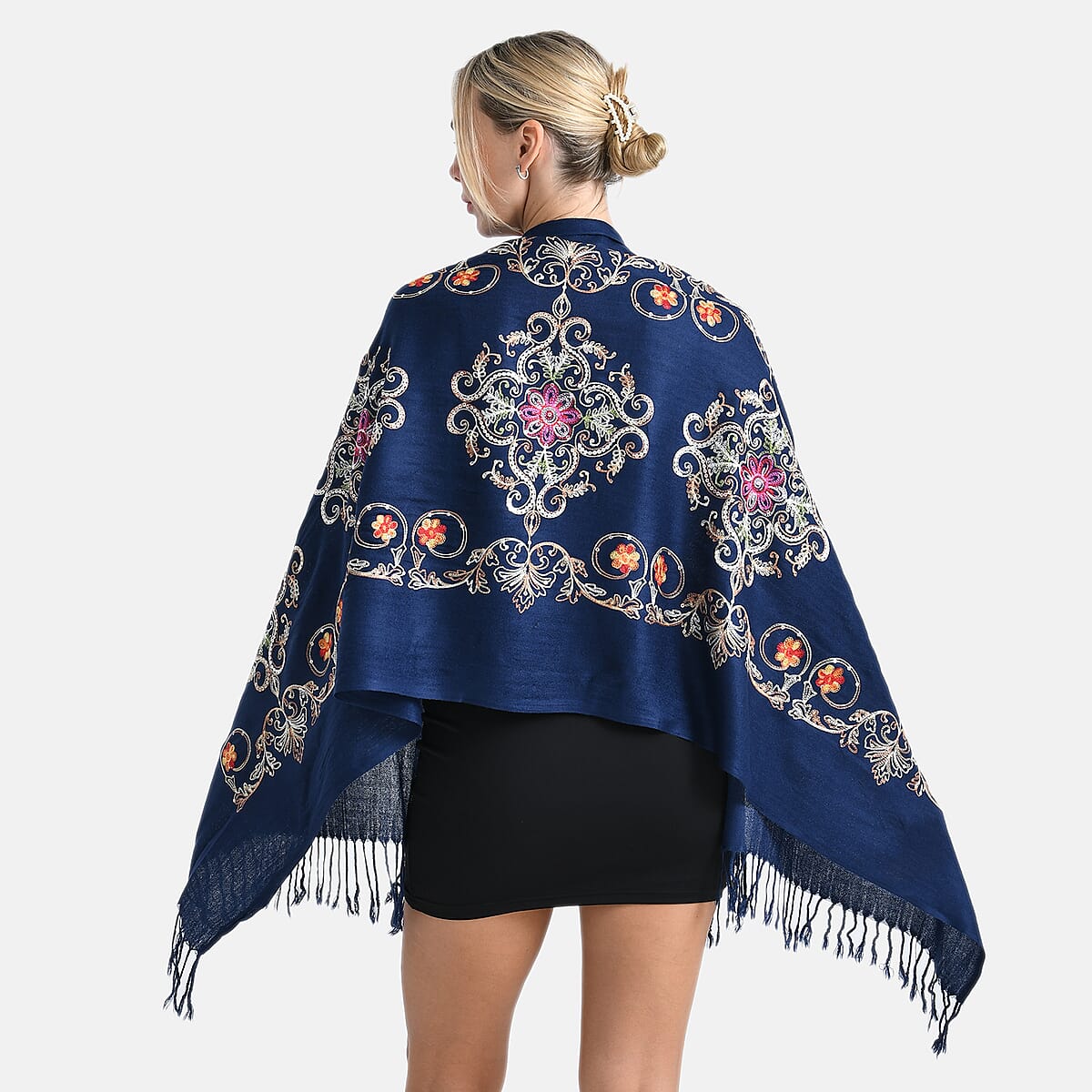 TAMSY Navy Baroque Embroidered Scarf with Tassels image number 1