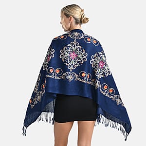 TAMSY Navy Baroque Embroidered Scarf with Tassels