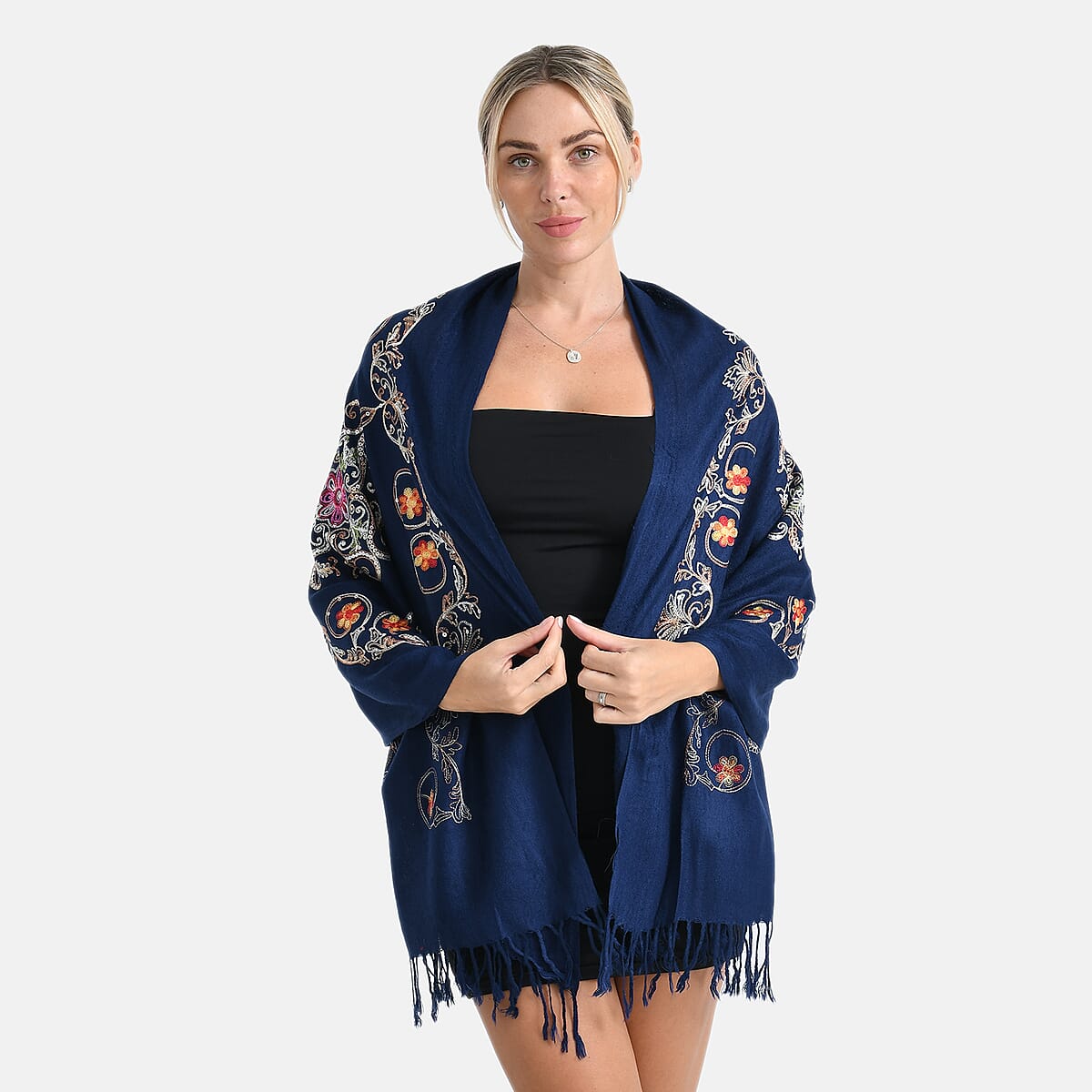 TAMSY Navy Baroque Embroidered Scarf with Tassels image number 2