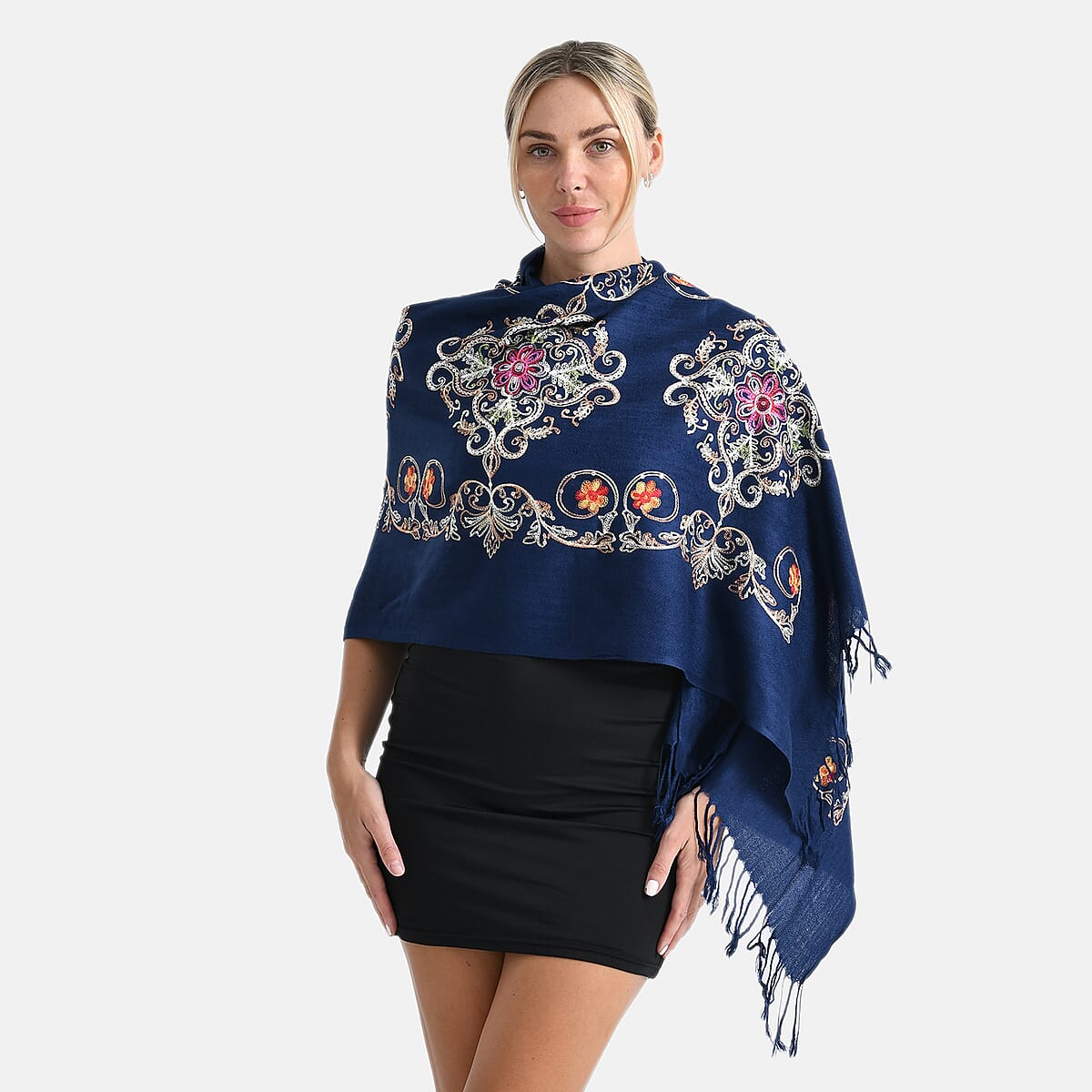 TAMSY Navy Baroque Embroidered Scarf with Tassels image number 3