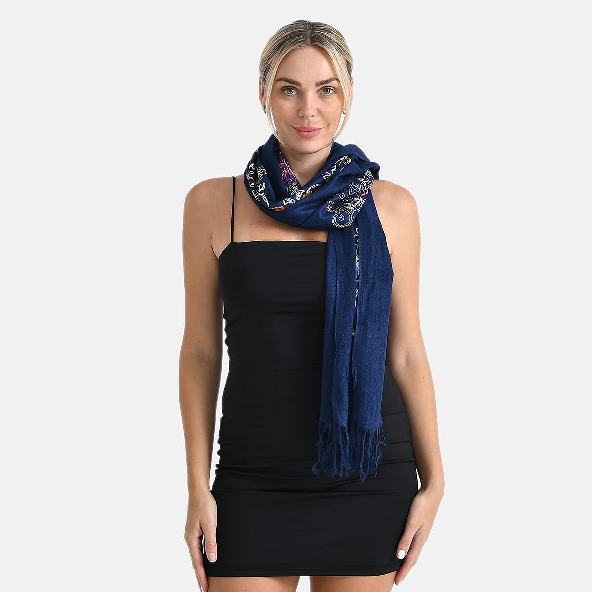 TAMSY Navy Baroque Embroidered Scarf with Tassels image number 4