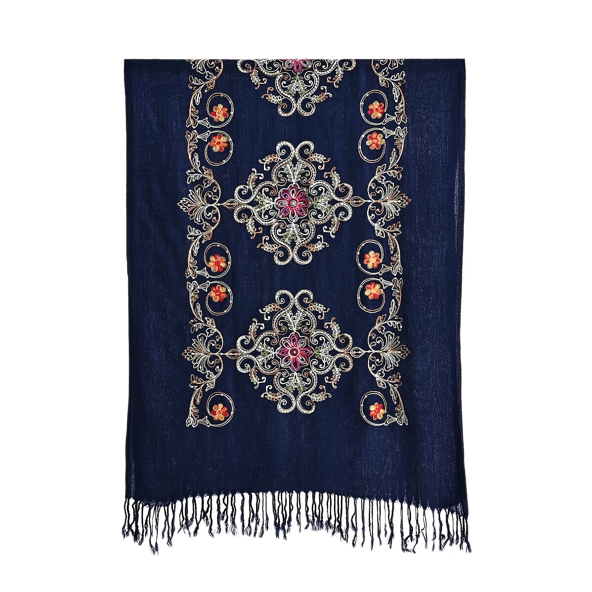 TAMSY Navy Baroque Embroidered Scarf with Tassels image number 5