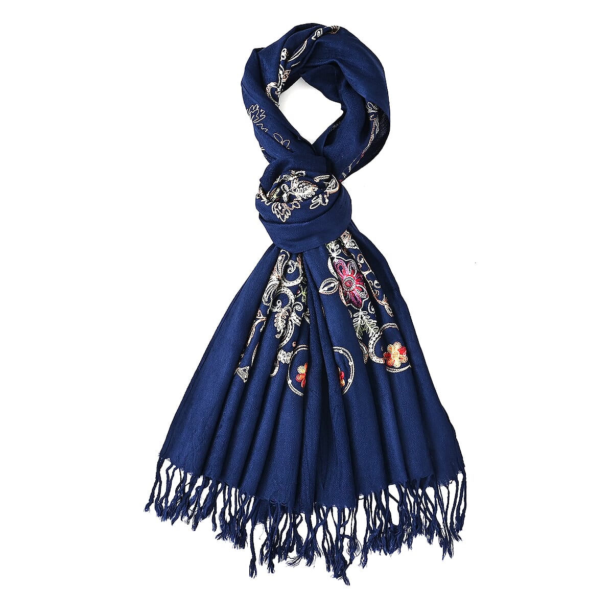 TAMSY Navy Baroque Embroidered Scarf with Tassels image number 6