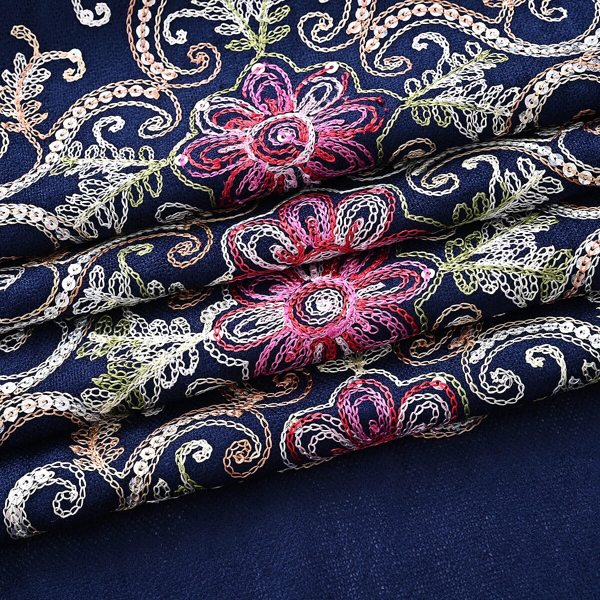 TAMSY Navy Baroque Embroidered Scarf with Tassels image number 7