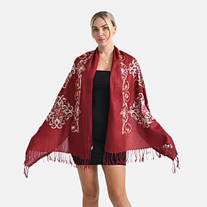 TAMSY Red Baroque Embroidered Scarf with Tassels