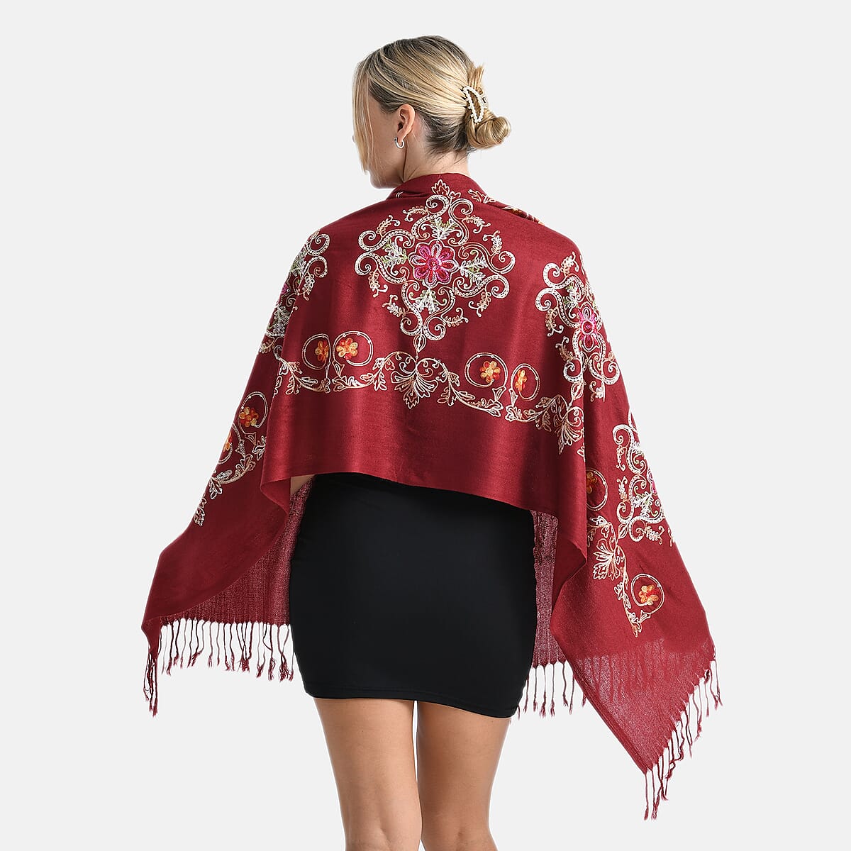 TAMSY Red Baroque Embroidered Scarf with Tassels image number 1