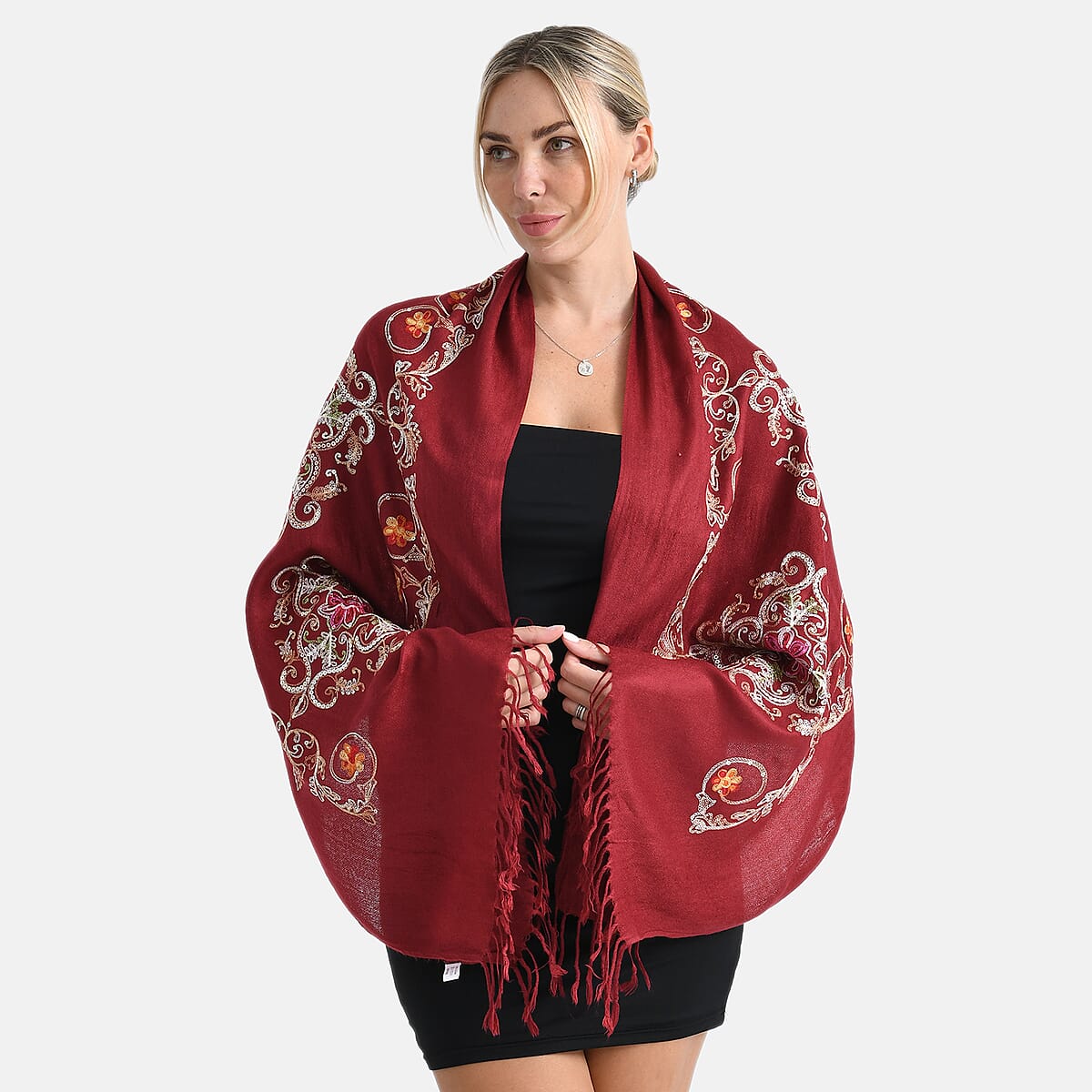 TAMSY Red Baroque Embroidered Scarf with Tassels image number 2