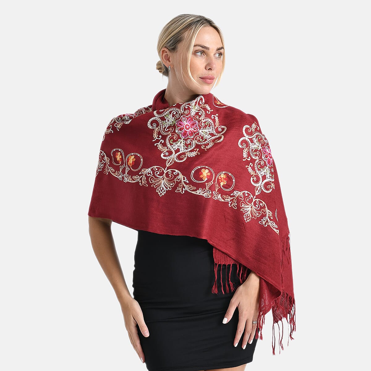 TAMSY Red Baroque Embroidered Scarf with Tassels image number 3