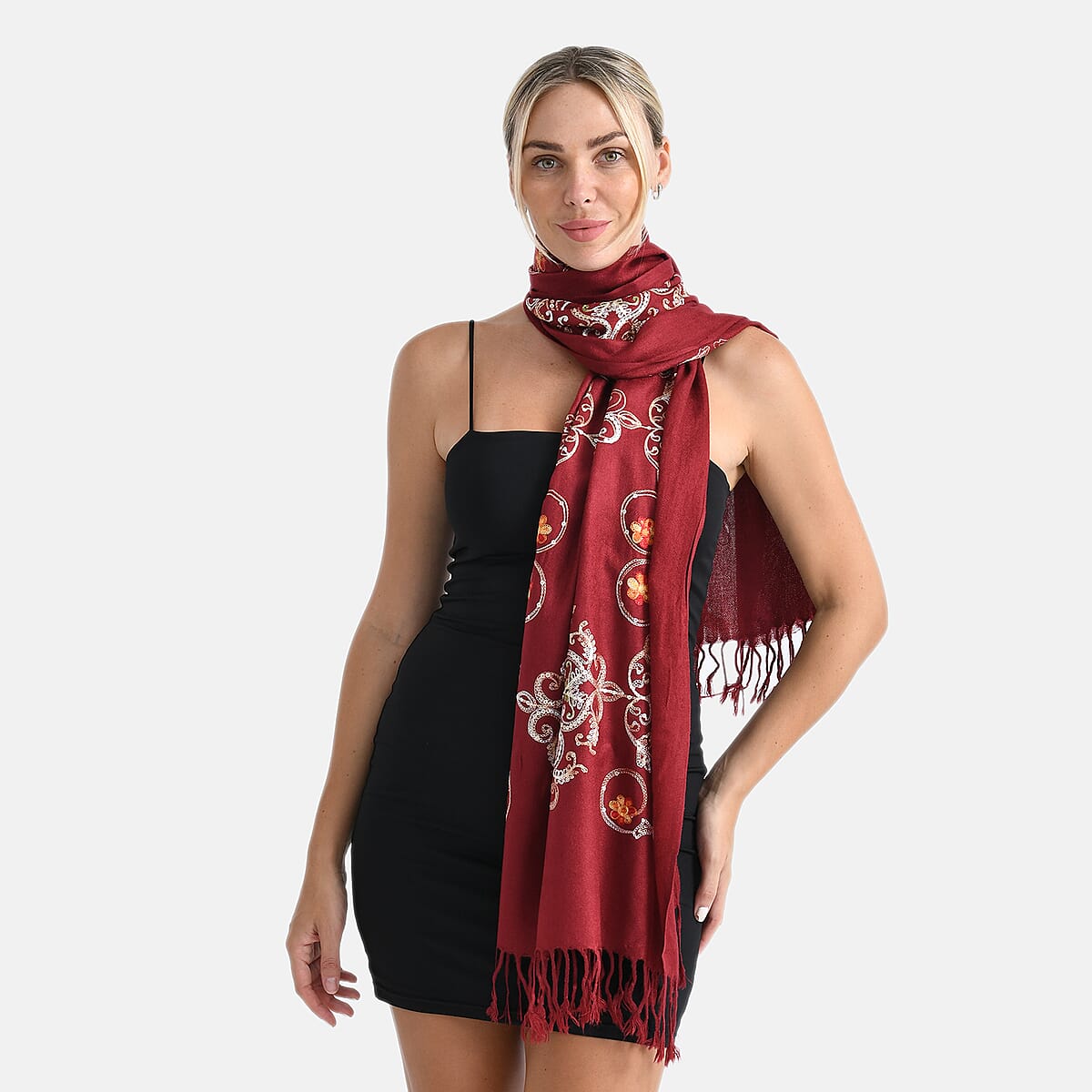 TAMSY Red Baroque Embroidered Scarf with Tassels image number 4