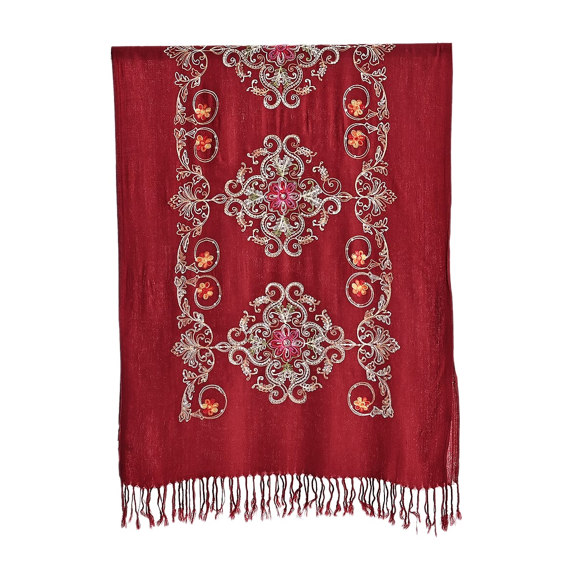TAMSY Red Baroque Embroidered Scarf with Tassels image number 5
