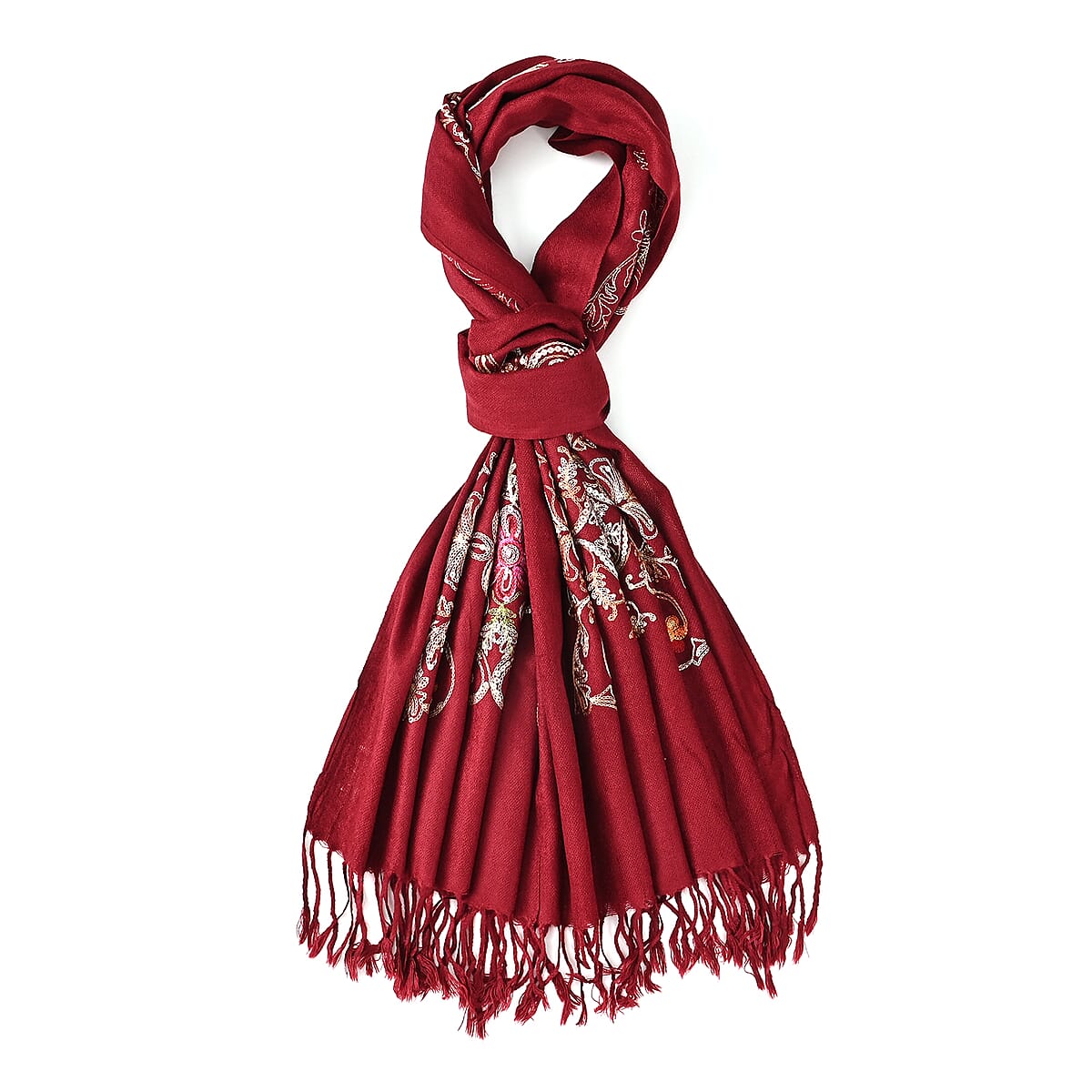 TAMSY Red Baroque Embroidered Scarf with Tassels image number 6