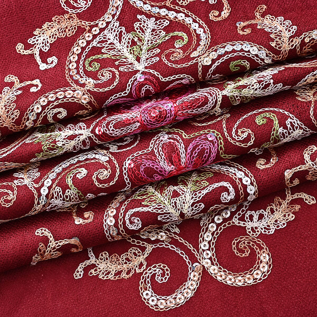 TAMSY Red Baroque Embroidered Scarf with Tassels image number 7