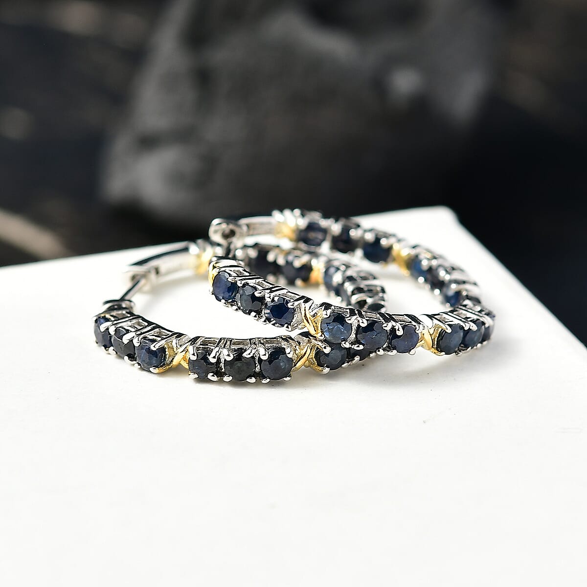 EverTrue Blue Sapphire 3.25 ctw XOXO Hoop Earrings in 18K YG Plated and Platinum Bond image number 1
