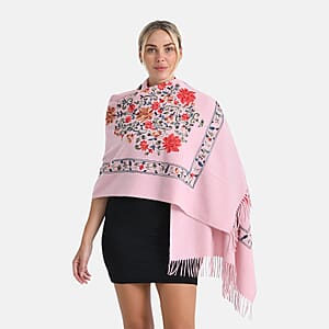TAMSY Light Pink Floral Soft Woven Embroidered Scarf with Tassels – One Size