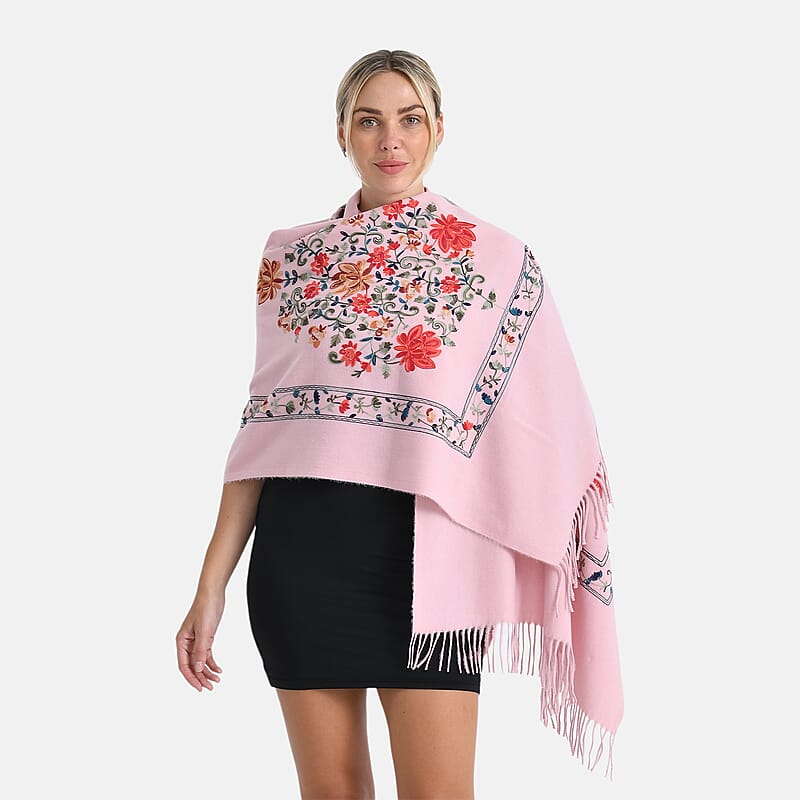 TAMSY Light Pink Floral Soft Woven Embroidered Scarf with Tassels – One Size