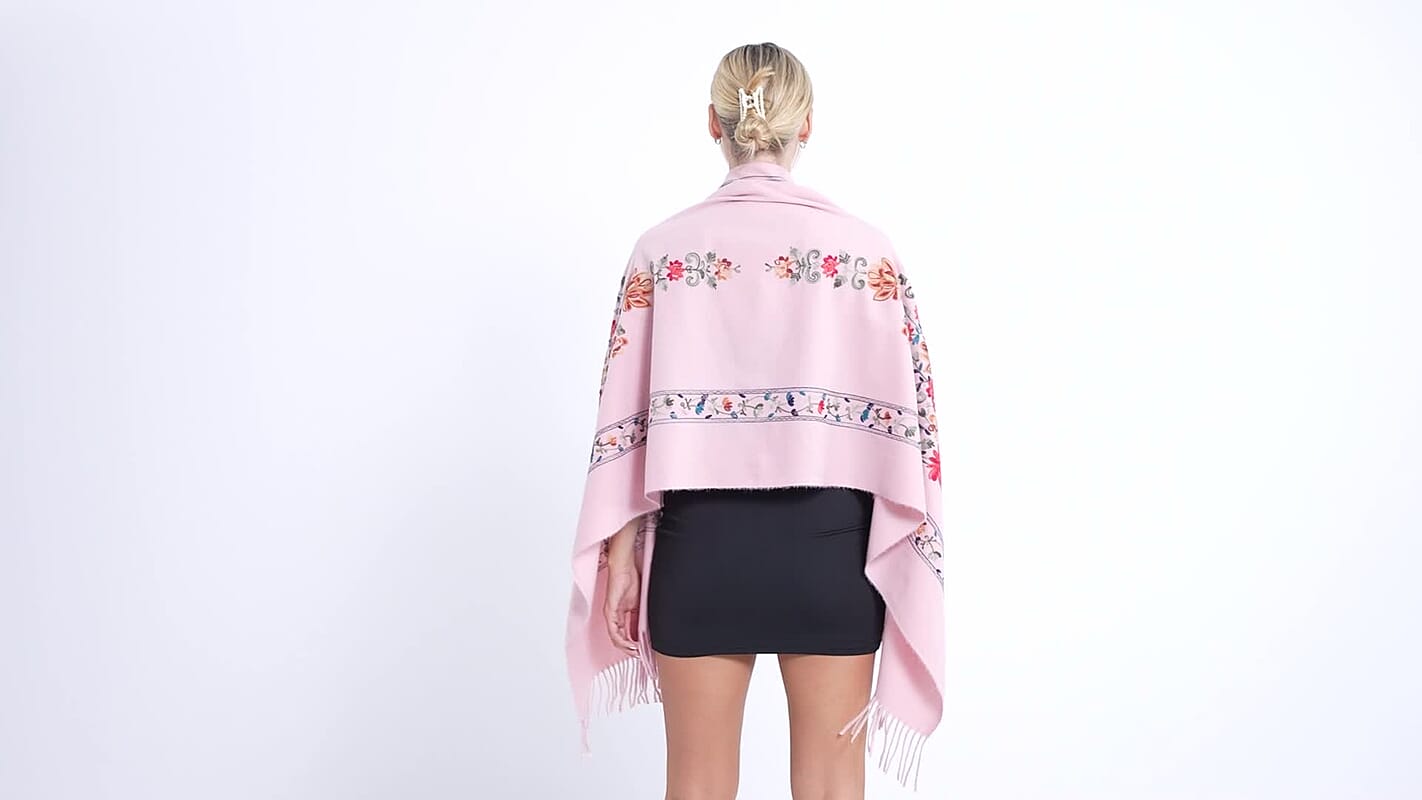TAMSY Light Pink Floral Soft Woven Embroidered Scarf with Tassels – One Size