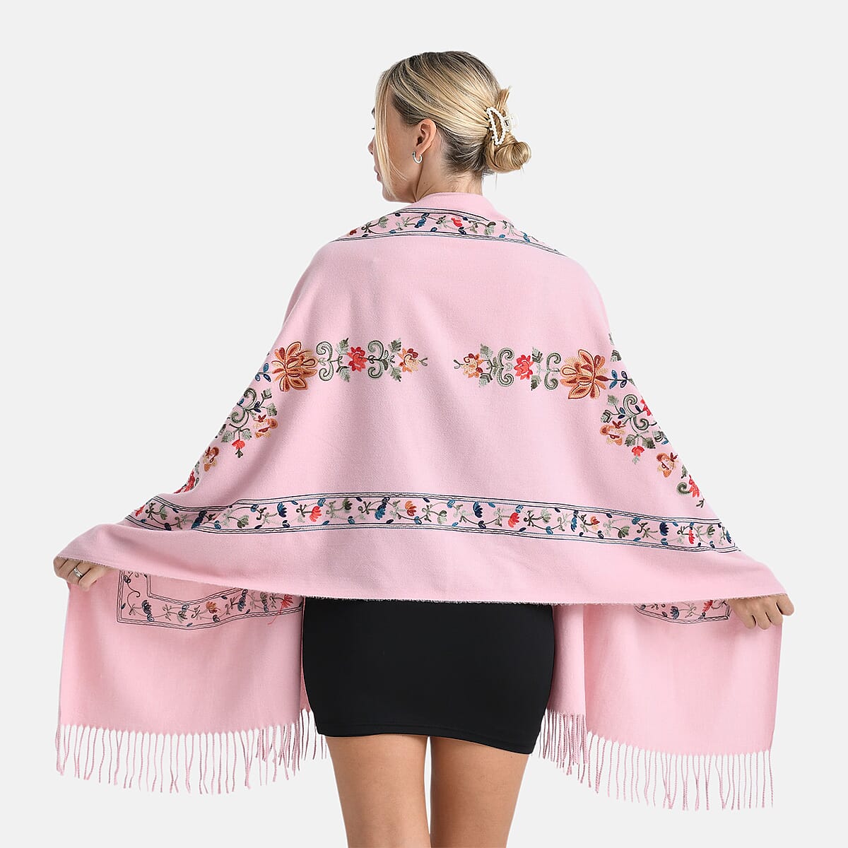 TAMSY Light Pink Floral Soft Woven Embroidered Scarf with Tassels &ndash; One Size image number 1