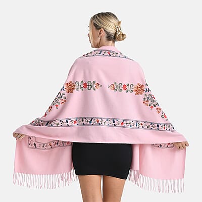 TAMSY Light Pink Floral Soft Woven Embroidered Scarf with Tassels – One Size