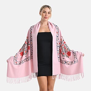 TAMSY Light Pink Floral Soft Woven Embroidered Scarf with Tassels &ndash; One Size