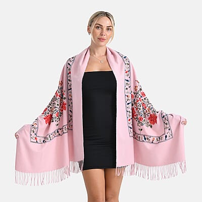 TAMSY Light Pink Floral Soft Woven Embroidered Scarf with Tassels – One Size
