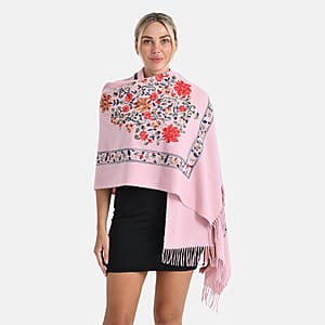 TAMSY Light Pink Floral Soft Woven Embroidered Scarf with Tassels &ndash; One Size
