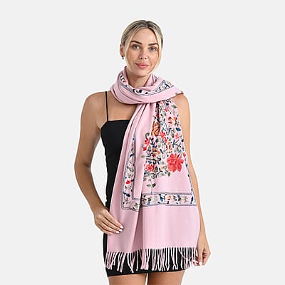 TAMSY Light Pink Floral Soft Woven Embroidered Scarf with Tassels – One Size