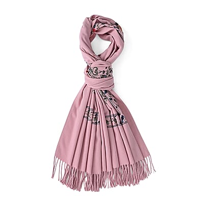 TAMSY Light Pink Floral Soft Woven Embroidered Scarf with Tassels – One Size