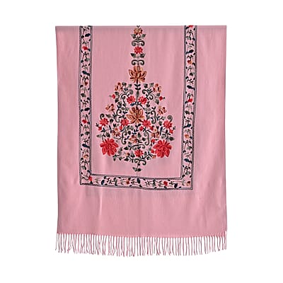 TAMSY Light Pink Floral Soft Woven Embroidered Scarf with Tassels – One Size