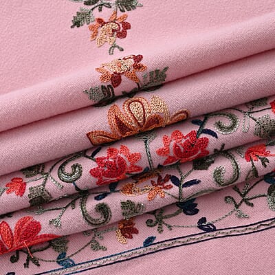 TAMSY Light Pink Floral Soft Woven Embroidered Scarf with Tassels – One Size