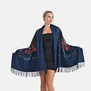 TAMSY Navy Pink Floral Soft Woven Embroidered Scarf with Tassels &ndash; One Size